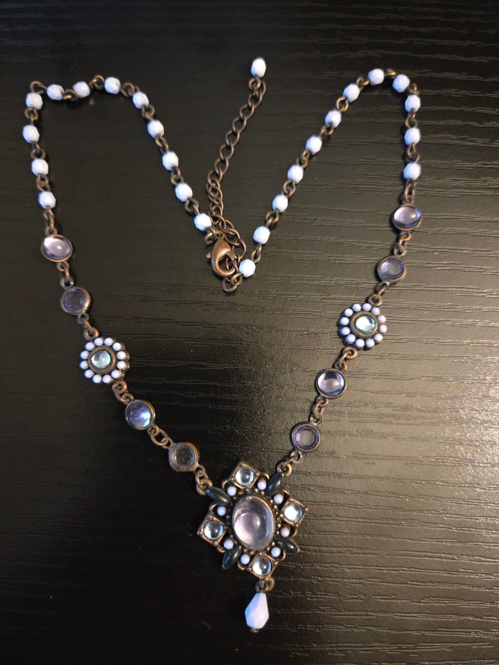 Vintage Avon Silver Plated Necklace Blue rhinestones and Beads 18 Inches Jewelry